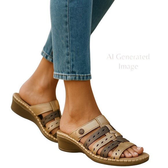 Coral Bay JAZLYN  Rose Gold Brown Adjustable Wedge Low Heel Slides Sandal Sz 6 M - Picture 1 of 14